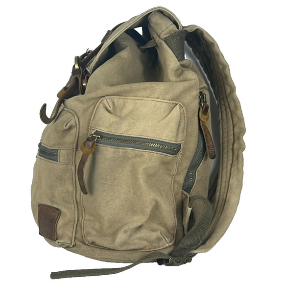 Augur Strauss Backpack Laptop Canvas Drawstring Leather Trim Boho Hiking Unisex - Picture 2 of 13